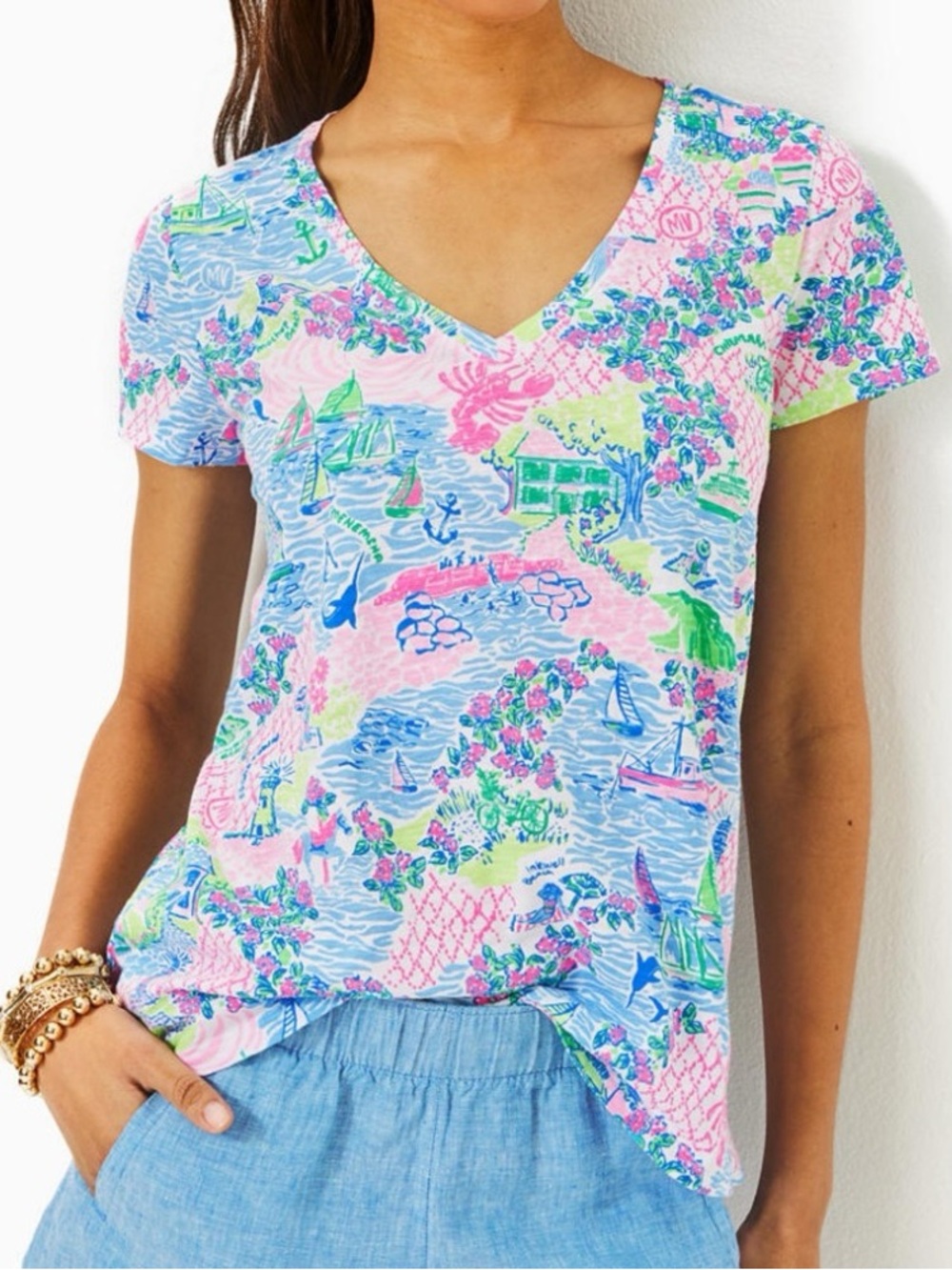 NWT Lilly Pulitzer Etta‎ V-Neck Top, Lilly Loves Martha’s Vineyard, Size XL
